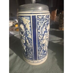 Vintage Gerzit Gerz West Germany Beer Stein Lidded Blue Salt Glazed Relief 7in
